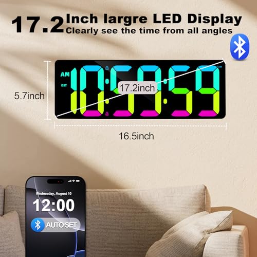 TXL 17.2" Bluetooth Digital Wall Clock with Seconds, Large Countdown Timer for Classroom Home Gym Kitchen Office, Alarm Clock with Remote Control, 4 Dimmable Brightness, Auto DST (RGB) - Image 3