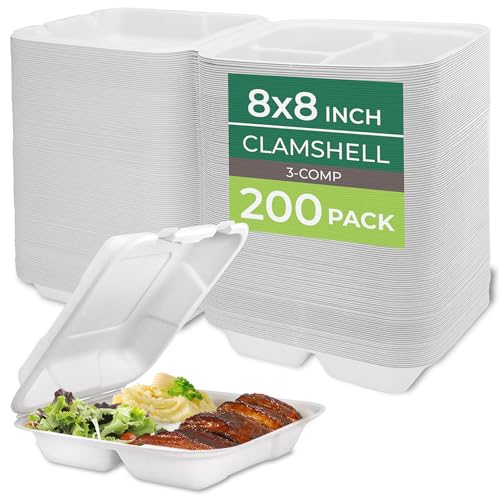 Image of Freshware Clamshell Food Containers with Lids [8x8 inch] 3-Compartment 200-Pack, Disposable To Go Containers, Biodegradable Sugarcane To Go Boxes - Paper Containers - Microwave & Freezer Safe, Stackable