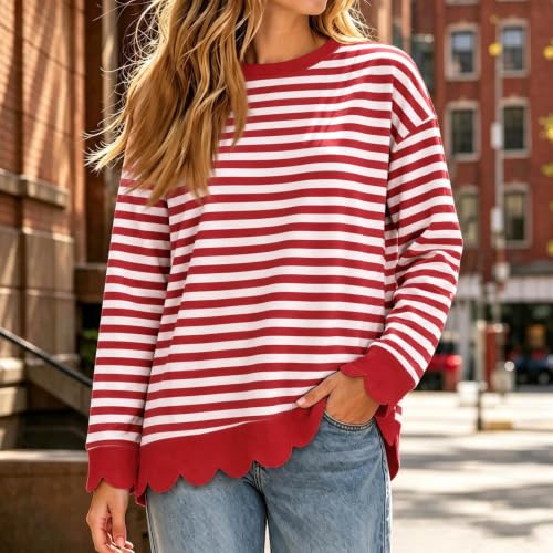Womens Scalloped Crewneck Sweatshirt Striped Long Sleeve Tops 2026 Red - image 2