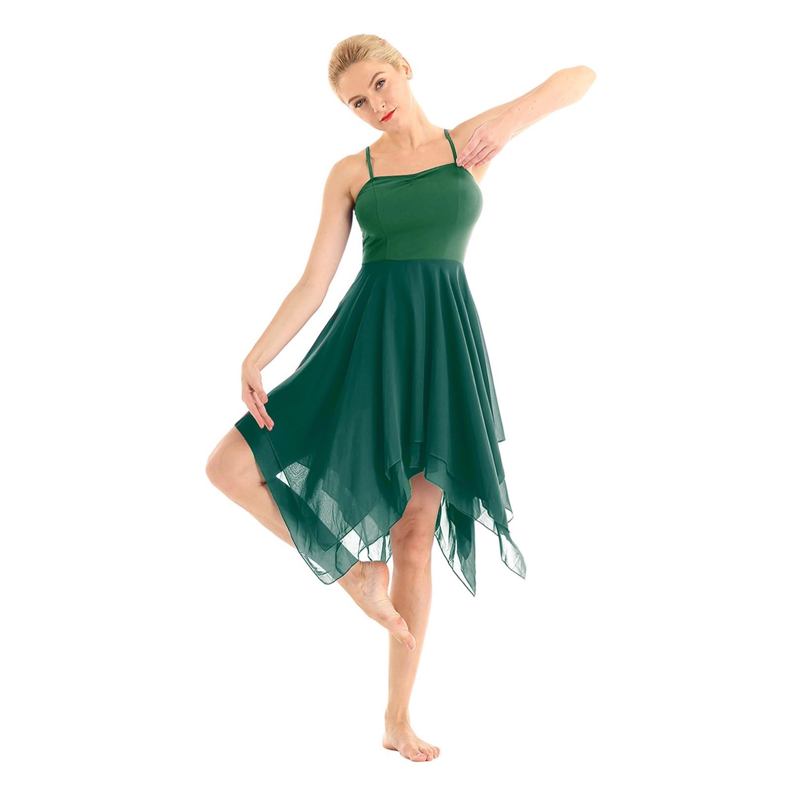 Lyric Clothing - Body da donna, senza maniche, asimmetrico, in chiffon, per danza, tutù, ginnastica, performance illusione, abbigliamento da danza (A-verde, S)