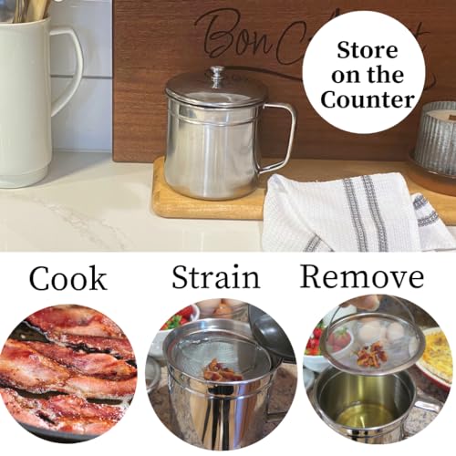Image of Evelots Oil Storage Can Strainer-Container-Bacon Grease Keeper - Stainless Steel - 5 Cups