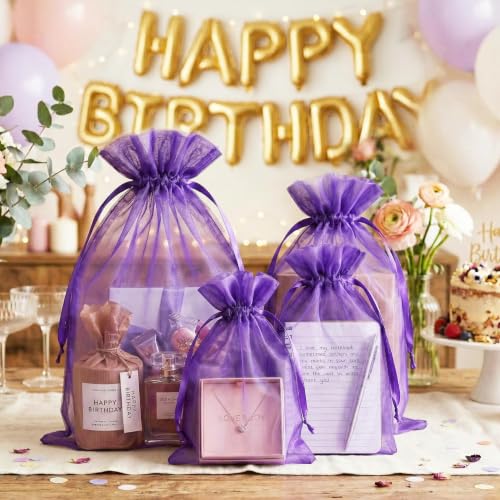 Image of FUNFERY 100PCS Purple Organza Gift Bags 4x6in,Drawstring Pouch for Jewelry