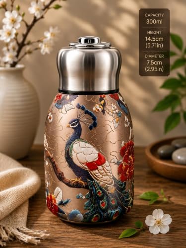 Image of Mini Stainless Steel Thermal Bottle 300ML Vacuum Insulated Water Bottle, Double Walled Hot & Cold Thermos Flask, Leakproof Portable Travel Mug for Gym Office Hiking (Peacock Design)