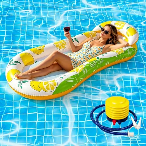 Pool Inflatables Pool Float with Head Arm Rest Foot Pump Mesh Bottom Mattress Bed Pool Lounger for Sunbath Tanning Summer Holiday Sea Beach Water Fun Water Hammock (Yellow)