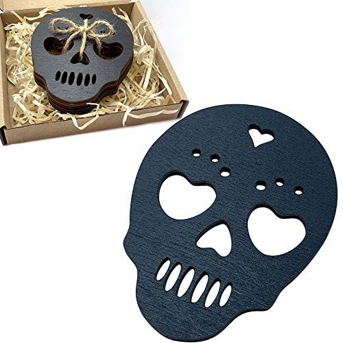 Marolen Black Skull Wooden Coasters - This Spooky Gothic Decor Includes 4 Sugar Skull Coasters - Great for Witchy Home Decor Lovers or as Gothic Christmass Decorations Indoor