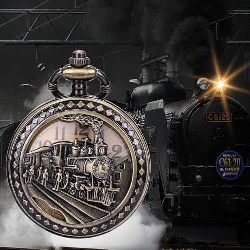Image of SIBOSUN Antique Men Pocket Watch with Chain Oversized 50MM 1.96 Inch 3D Locomotive Steam Train Railroad Hollow + Box