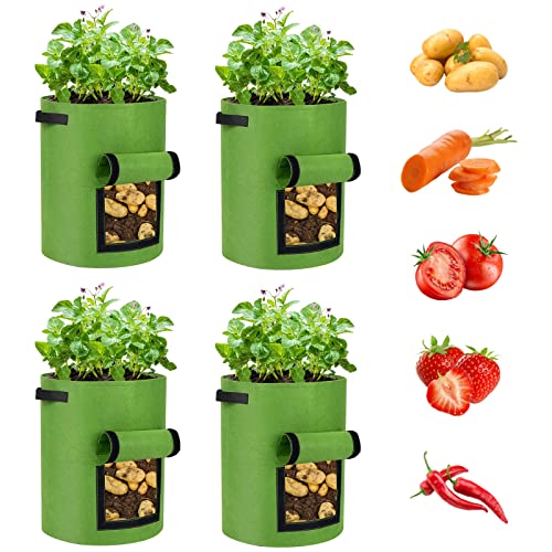Potato Grow Bags 4 Pack 10 Gallon Potato Growing Bags, Nonwoven Fabric Pots with Handles and Window Flap, Potato Planter Vegetable Growing Containers for Potato Tomato Carrot Onion(Light Green)