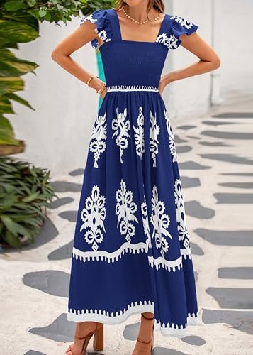 BTFBM Summer Dresses for Women 2025 Floral Smocked Boho Sleeveless Square Neck A Line Casual Beach Maxi Dress Pockets