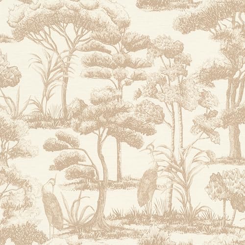 Rasch Papel pintado no tejido de árboles, plantas y pájaros - Papel pintado de vinilo en blanco y beige para un ambiente natural - Resistente y lavable - 10,05 m x 0,53 m
