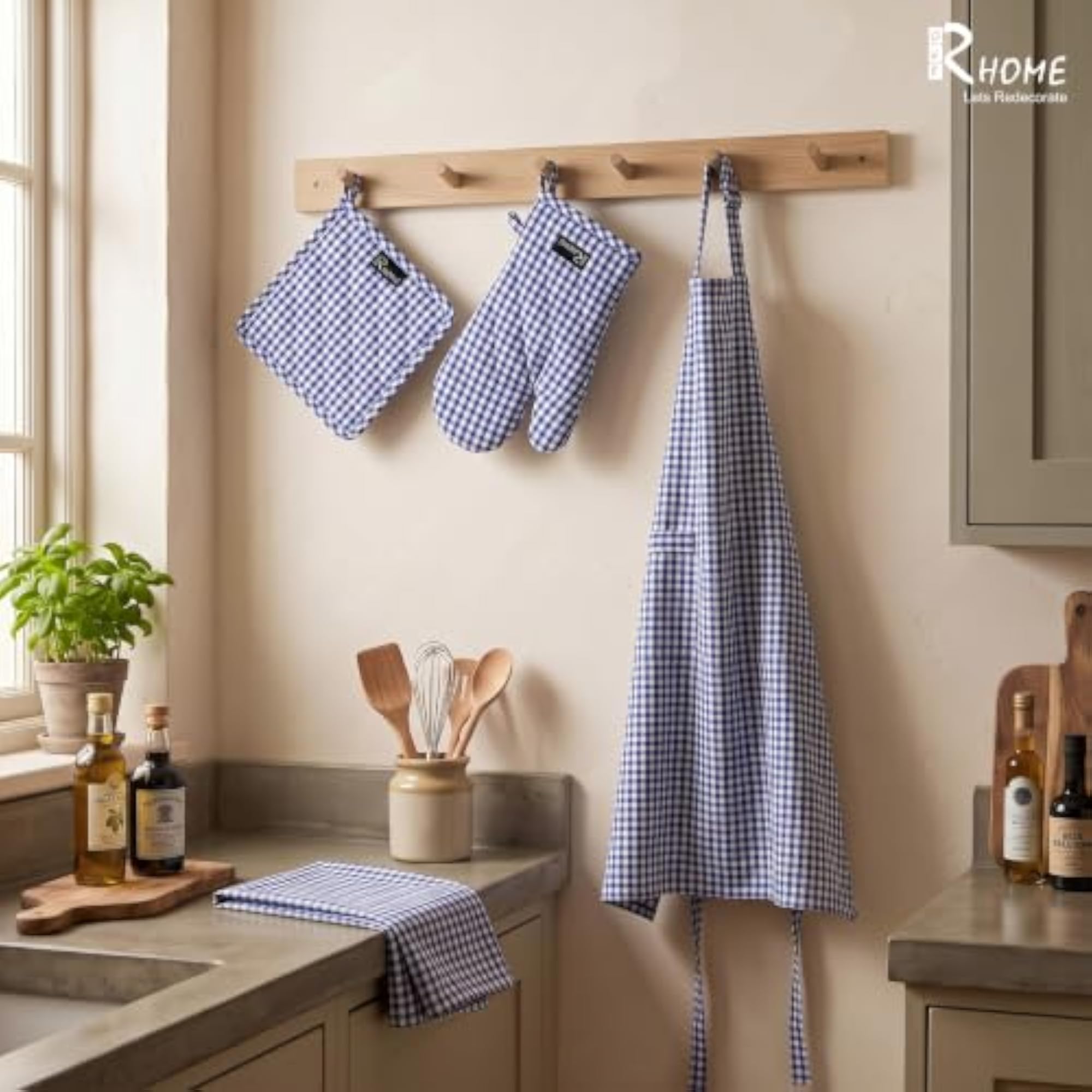 3pc Cotton Apron Set with Pot Holder & Oven Glove, Kitchen Gift