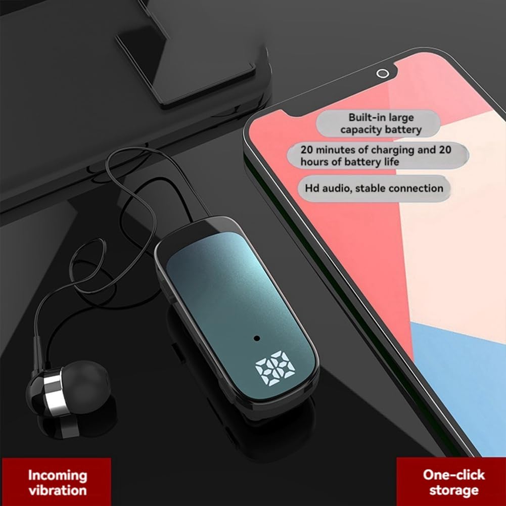 K65 Auricolare Bluetooth Cablato Retrattile con Clip per Cravatta Display Digitale in-Ear Cuffia Monoauricolare Business A Lunga Durata Blue