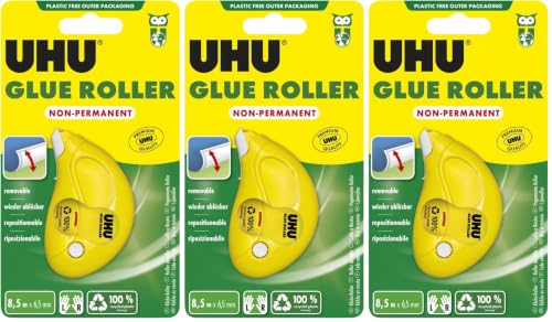 UHU Roller de colle non permanent - Colle de façon non permanente et repositionnable, rapide, propre, précis et instantané, sans solvants, transparent, 8,5 m x 6,5 mm (Lot de 3)
