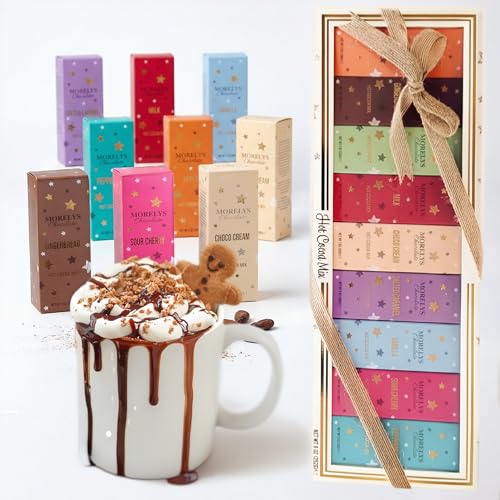 Morelys Hot Cocoa Gift Box - 9 Assorted Flavors including Pistachio, Sour Cherry and Gingerbread - Flavored Hot Chocolate Variety Pack - 9 Individually Wrapped Servings - 9 oz Total Weight