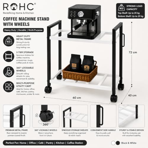Image of ROHC Coffee Machine Stand with Wheels | Heavy Duty Metal Coffee Station Cart with Storage Shelf | Rolling Table for Home, Office & Cafe | Kitchen Utility Trolley | Black & White