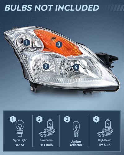 Image of Nilight Headlight Assembly Compatible with 2007 2008 2009 Altima Sedan 4-Door Headlamps Replacement Chrome Housing Amber Reflector Clear Lens Driver and Passenger Side