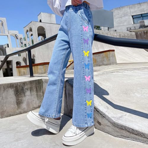 Girls Y2k Straight Jeans Elastic Waist Colorful Butterfly Printing Wide Leg Denim Pants Cute Harajuku Fashion Trousers2