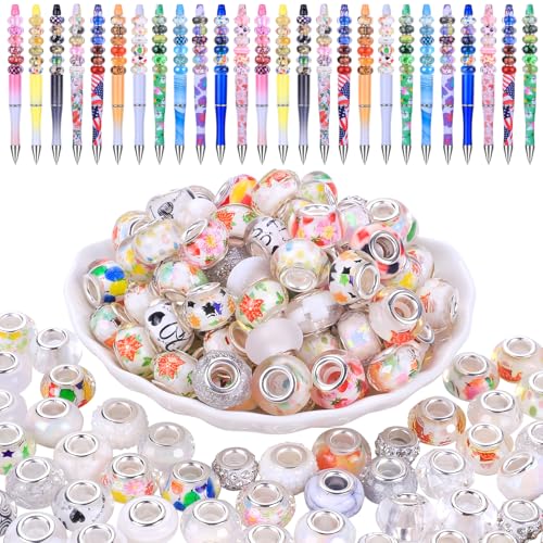 VICTLOV 100 Pieces 14mm European Beads for Pens,Large Hole Beads for Charm Bracelet Jewelry Making Bulk, Decoration Lampwork Murano Glass Spacer Beads for Crafts Garden Stakes (White)