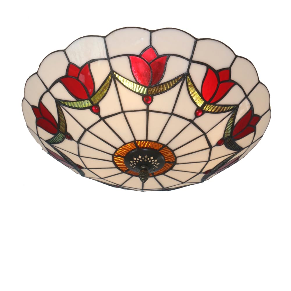 Skyweel 16 Inch Tiffany Style Ceiling Light Flush Mount Ceiling Light Flower Vintage Chandeliers Bedroom Pendant Lighting Fixtures E27 Bulbs (16 Inch Red)