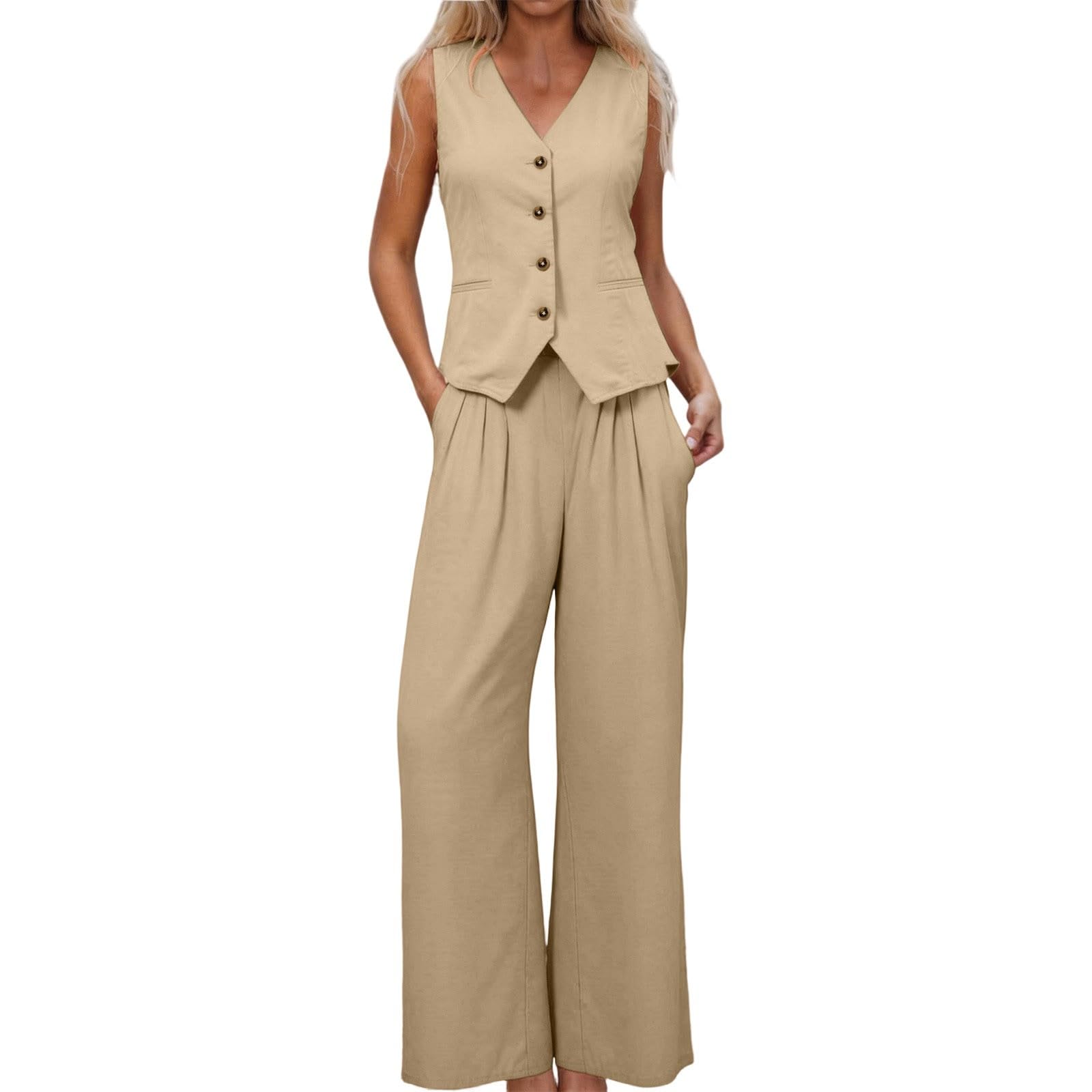 2 Pezzi Vestito Da Donna In Lino Estivo Gilet Completo Gamba Larga Pantaloni Business Tempo Libero Vacanza Set Lavoro Confortevole Tuta Da Ginnastica Temperamento Alla Moda Completi Cerimonia