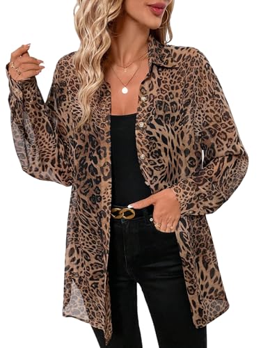 GORGLITTER Damen Bluse Leopardenmuster Blusenshirt Langarm Damenblusen Chiffon Blusen mit Knöpfen vorn Oversize Hemdblusen Locker Hemdblusen Leo M