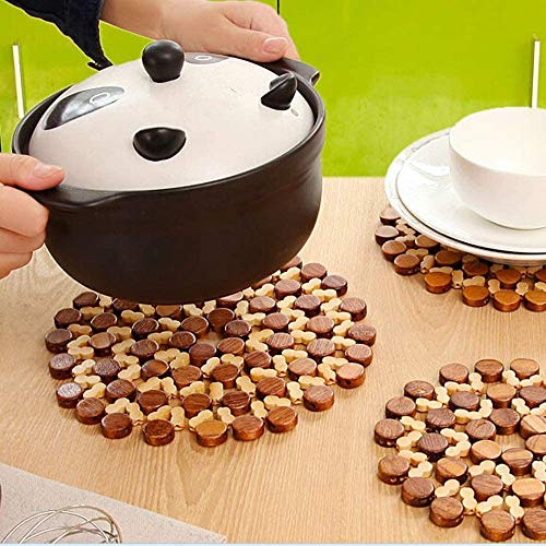 Image of 4 Pcs Round Wooden Trivet Mat Set Heat Resistant Pot Holder Pads for Kitchen Dining Table Brown Flower Shape 21 x 21 cm Protects Surface from Heat Scratches for Plates Dishes Pots Pans Serveware