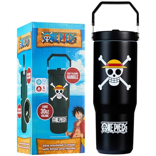 Get Trend One Piece Gourde Isotherme Enfant Adulte avec Paille et Poignée 850ml, Mug Voyage Tasse Café Thermos Chaud Froid Bouteille Inox (Noir One Piece)