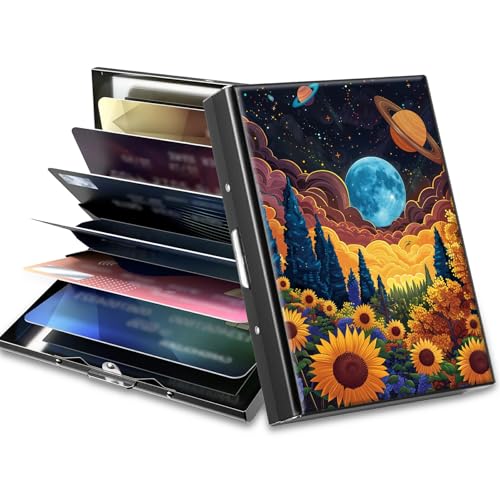 Image of Slim Credit Card Holder, Starry Sunflowers Cosmic Planet RFID Blocking Metal Wallet for Men & Women, Aluminum Minimalist Hard Case Pocket-Sized Business Cards Organizer (Fits Up to 10 Cards)