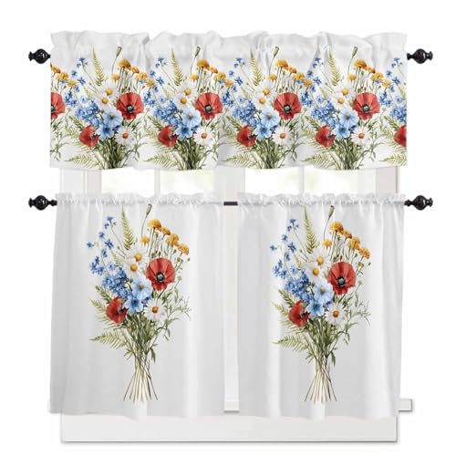 Red Flower Kitchen Curtains 24 Inch Length,3 Piece Rod Pocket Small Half Tiers and Valance Set,4th of July Patriotic Blue Poppy Floral Daisy Small Large Window Treatment Decor for Bedroom/Bathroom