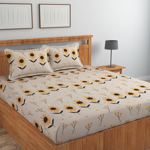 Image of NEW LEAF Cotton Fitted King Bedsheets with 2 Pillow Covers | Elastic Fitted | Wrinklefree | Ultrasoft |Winter Bedsheet 200 to 220 tc Floral | 78x72+8 Inches, Floral Sunflower | Skin