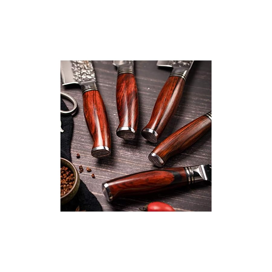Yarenh-Chef-Knife-Set-Professional-5-PcsHigh-Carbon-Japanese-Damascus-Steel-BladeDalbergia-Wood-HandleGift-Box-Packaging-Sharp-Kitchen-Knife-Set-HTT-Series YARENH Kitchen Knife Set without Block, 5 Piece Professional Sharp Chef Knives, Damascus Stainless Steel, 73 Layers, Full Tang, Dalbergia Wood Handle, HTT Series