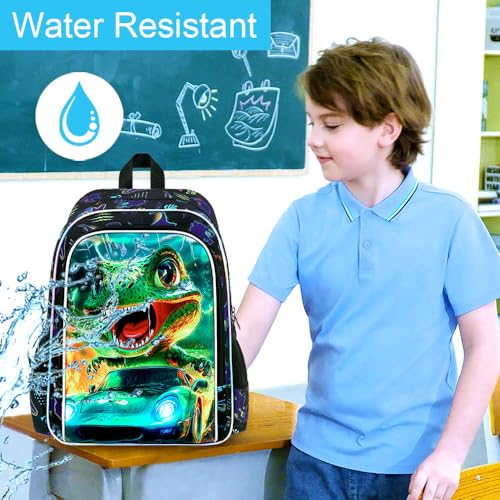 Image of 16 inch Dinosaur Backpack, Boys Kids Bookbag with Lunch Box, 3Pcs Dino Cars School Backpacks for Elementary Preschool Kindergarten (Black)