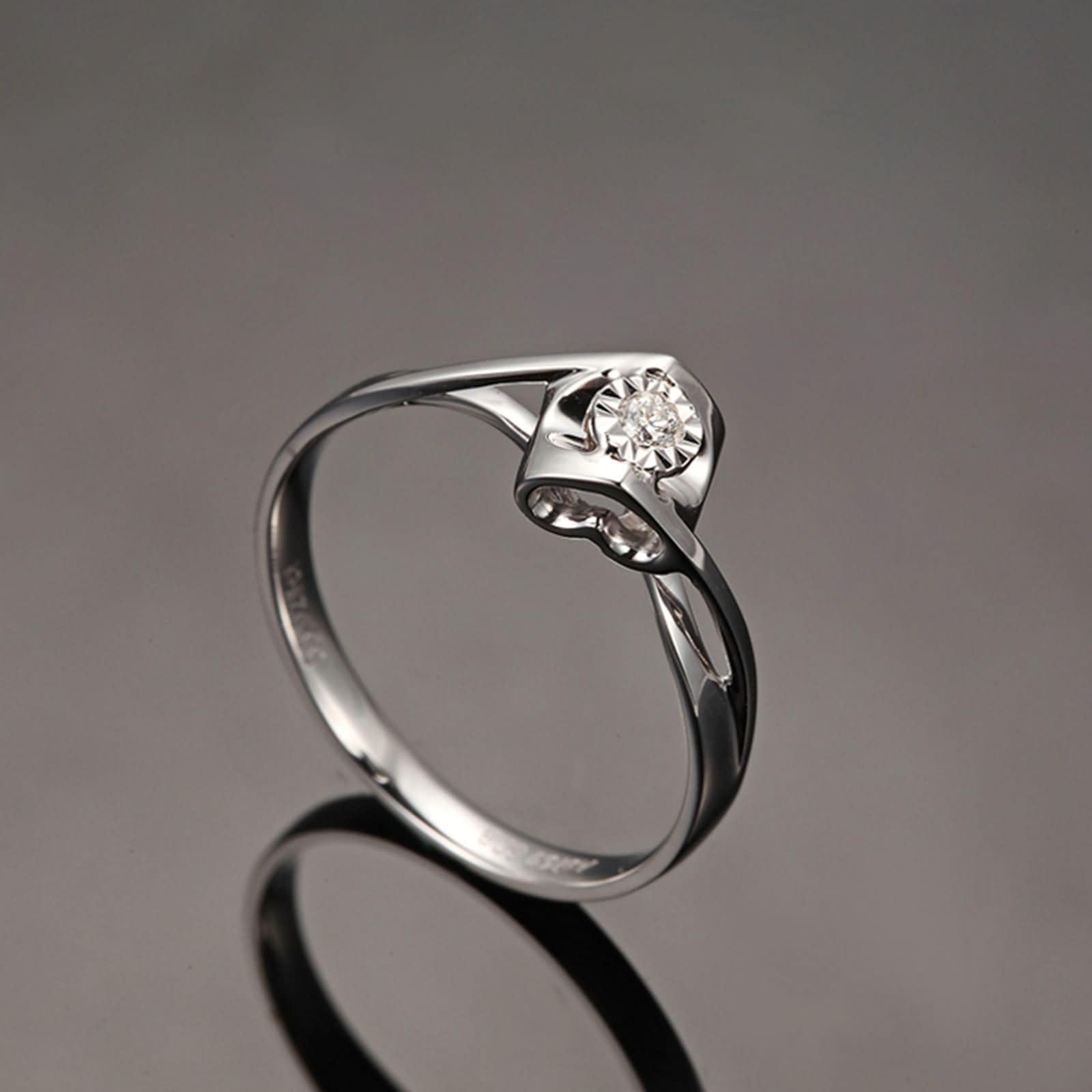 Anello Fidanzamento Donna Oro Bianco 9Kt / 14Kt / 18Kt, Cuore Cavo e Rotondo con Diamante da 0,03ct, Anelli Fedi Nuziali Argento Donna
