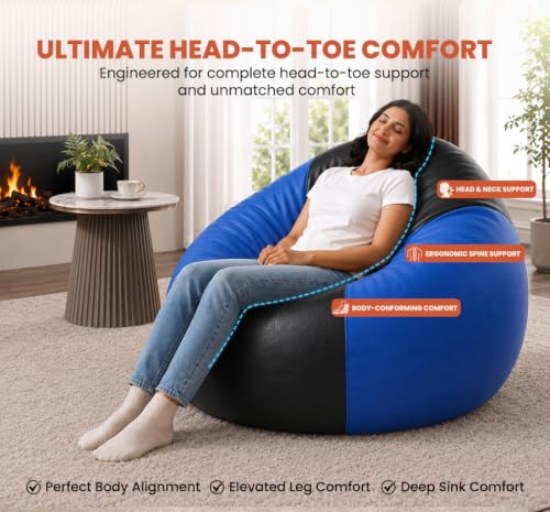 Image of Sattva Classic 3XL Bean Bag Chair with Beans Filled | Faux Leather Sofa Style Beanbags with Filled Beans | Bin Bags Sofa & Beam Bag for Adults, Home & Office (Pre-Filled) - Black & Royal Blue