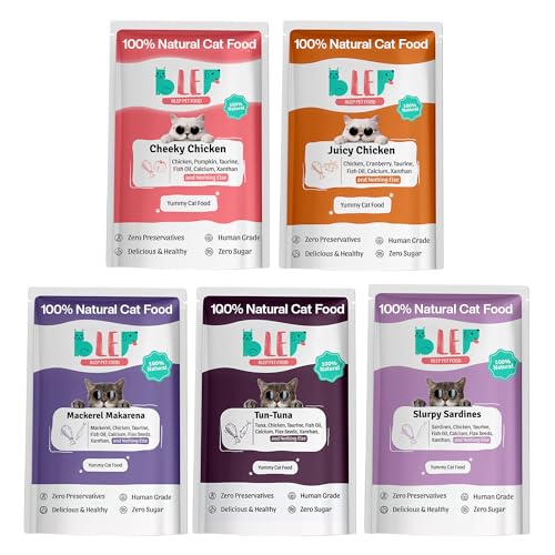 Image of BLEP All Recipes 100% Natural Wet Cat Food | 50g x 5 Packs | Tuna, Mackerel, Sardine, Juicy Chicken & Cheeky Chicken | Human Grade, Zero Preservatives | High Protein Meal for Kittens & Adult Cats