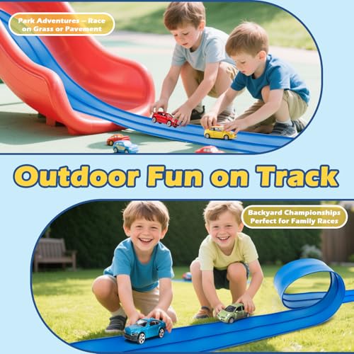 Image of Flex Tracks 15 Ft Starter Set Flexible Race Track for Kids 3+, Flexible Car Track Race Car Ramp Track Compatible with Diecast 1 /64th Cars, Portable Rolls Up Race Tracks with Strong Suction Cups