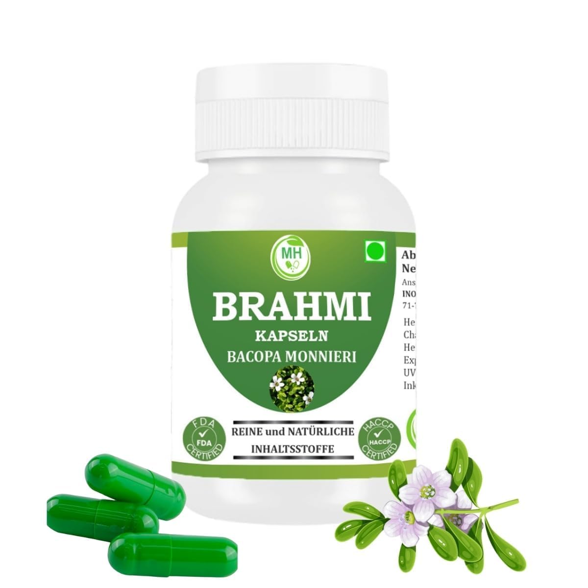 Brahmi (Bacopa monnieri) 500 mg, 240 Capsule Vegane, Confezione da 4, Integratore Alimentare Naturale a Base di Erbe, Puro e Naturale, Senza Additivi