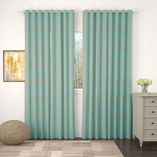 Image of Story@Home Bloom Collection Jacquard Lavish and Modern Rich Floral Print 4 Piece Eyelet Ring top Door Curtain for Bedroom and Hall - 7 Feet, Ocean Blue