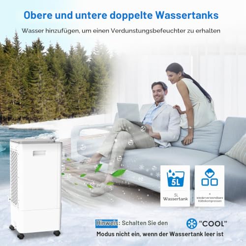 Foto von Mobile Klimaanlage 4 in 1 Luftkühler mit Wasserkühlung Ventilator Verdunstungskühler 7h Timer | 3 Modi | 90° Oszillierend | 5L Mobile Klimagerät Mit Fernbedienung 4 Kühlakku Negative Ionenfunktion
