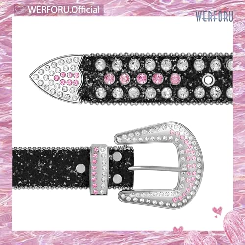 Image of WERFORU Women Men Western Rhinestone Studded Leather Belt Unisex Bling Cowgirl Cowboy Waist Belt for Jeans Pants Dress