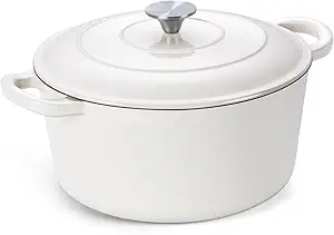 Onader Enameled Cast Iron Dutch Oven, 3QT Round Dutch Oven Pot with Lid for Bread Baking Cooking - White