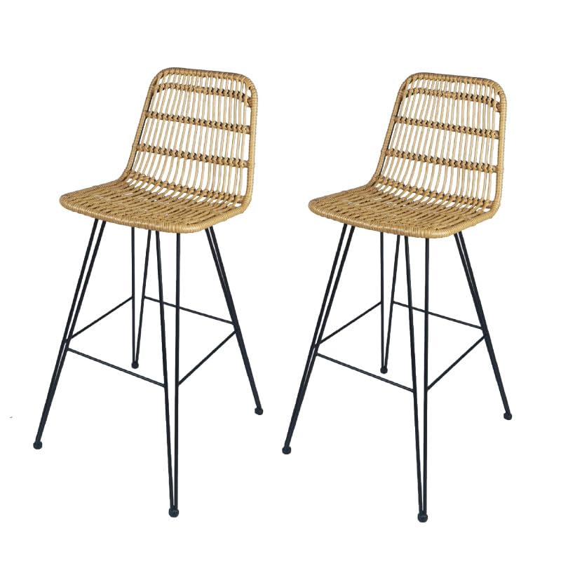 Kosmi Lot de 2 Tabouret de Bar Style Nature Aspect rotin en résine tressée et Pieds en métal Noir - Hauteur 72cm