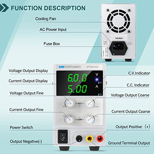 Labornetzteil 0-60V / 0-5A Labornetzgerät DC Regelbar für Laborunterricht, Elektronikreparatur, Heimwerken, Automobilelektronik und Galvanik