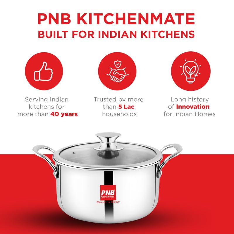 Image of PNB Kitchenmate Triply Cookpot with Glass Lid, 24cm, 5.5 LTR, 2.5mm Extra Thick Stainless Steel Casserole, Induction & Gas Compatible, 5 Years Warranty, Silver