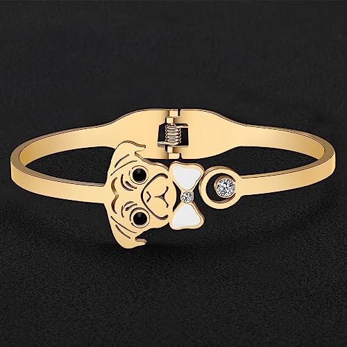 Image of WEVENI Cute Pug Gifts For Pug Lovers Stainless Steel Shell Pug Bracelet Cuff Bangle 18k Gold Plated Pet Dog Bangles Jewelry Charms Pugs Mom Gifts
