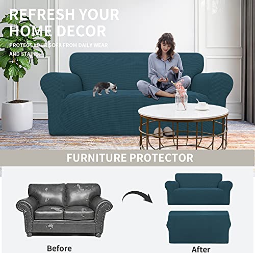 Image of Easy-Going Stretch Oversized Loveseat Slipcover 1-Piece Sofa Cover Furniture Protector Couch Soft with Elastic Bottom for Kids Polyester Spandex Jacquard Fabric Small Checks Deep Teal