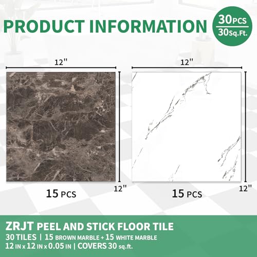 ZRJT 30-Pack 30 Sq.Ft Peel and Stick Floor Tiles Vinyl Matte Pattern Flooring, 12” x 12” Self Adhesive Vinyl Flooring DIY for Kitchen, Bathroom, Laundry, Brown&White Marble by ZRJT - Image 3