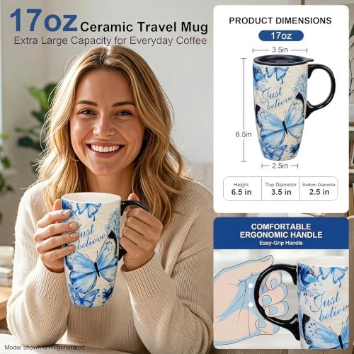 Taza de Cerámica de 17 oz con Tapa y Asa, Diseño Mariposa miniatura 4
