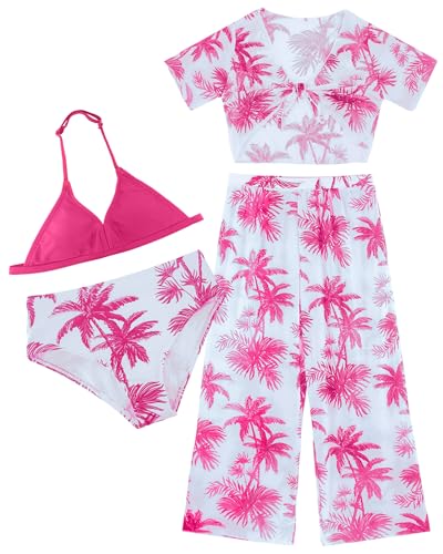 Image of Happy Cherry Girl's 4PCS Swimsuits Tropical Print Halter Bikini Set Bathing Suits with Kimono and Cover Up Pant Boho Swimwear