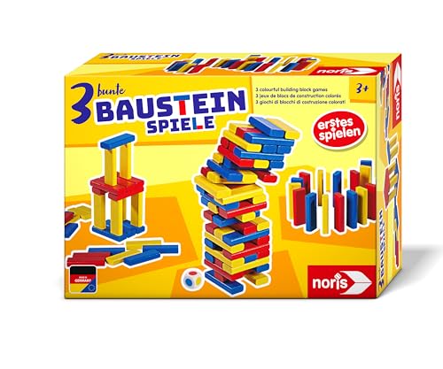 noris 606012165 – Bunte Baustein-Spiele (Bauklötze ab 3 Jahre) - 54 Holz-Bausteine mit Spiel-Ideen (Wackelturm, Häuser Bauen & Domino-Schlange), Spielzeug für Kinder
