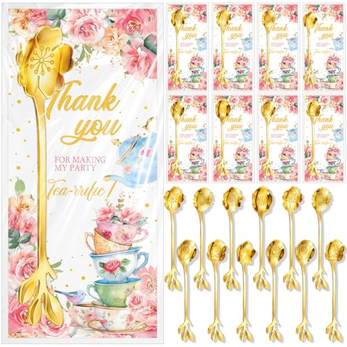 Spoon Party Favors Gold Tea Spoons Bulk 8 Style Flower Teaspoons With Thank You Cards Gift Bags Stainless Steel Dessert Coffee Spoons Stir Bar For Bridal Shower Guest Souvenir Gift